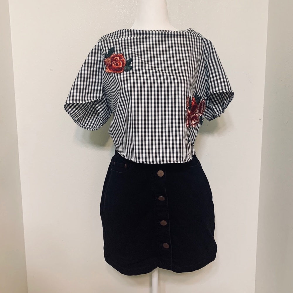 Off the should black and white blouse